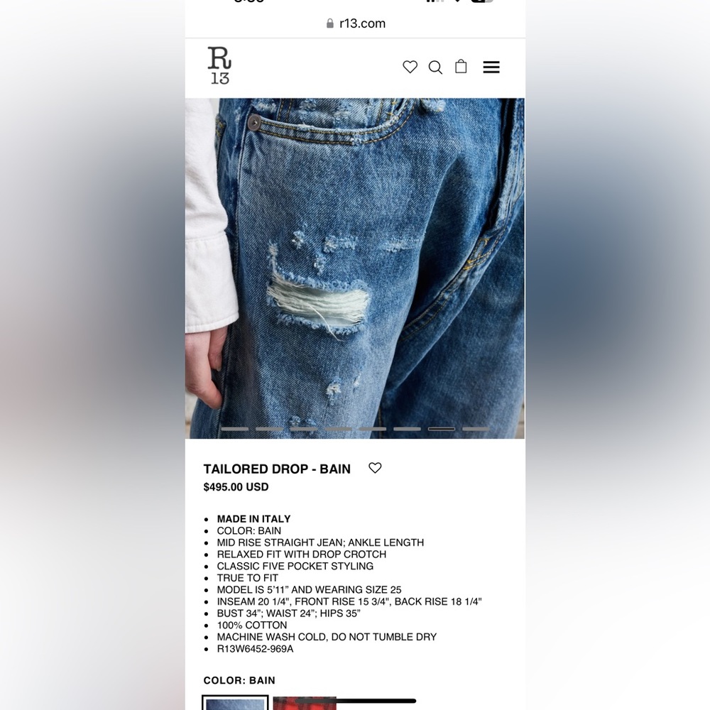 R13 Tailored Drop Jeans in Bain Size 28 - Picture 16 of 16
